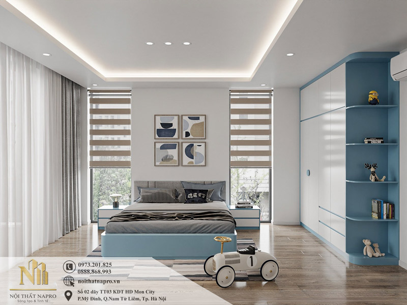 Mẫu phòng ngủ cho bé trai màu trắng xanh