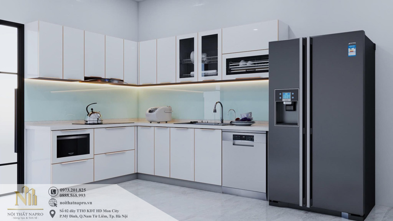 Tủ bếp inox cánh kính NCK56 màu trắng