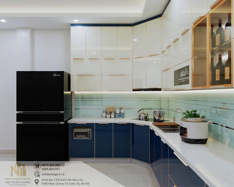 Tủ bếp inox cánh kính NCK61 màu xanh Navy