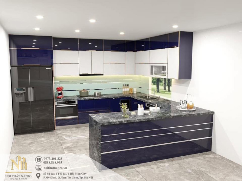 Tủ bếp inox cánh kính NCK62 có bàn đảo