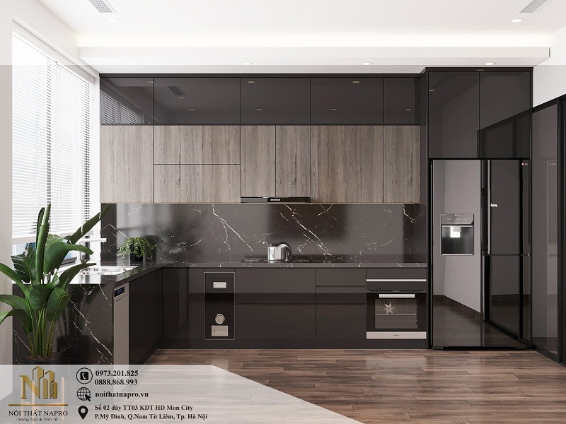 Tủ bếp laminate NLA21 nhà cô Mai chữ L hiện đại, đẹp sang